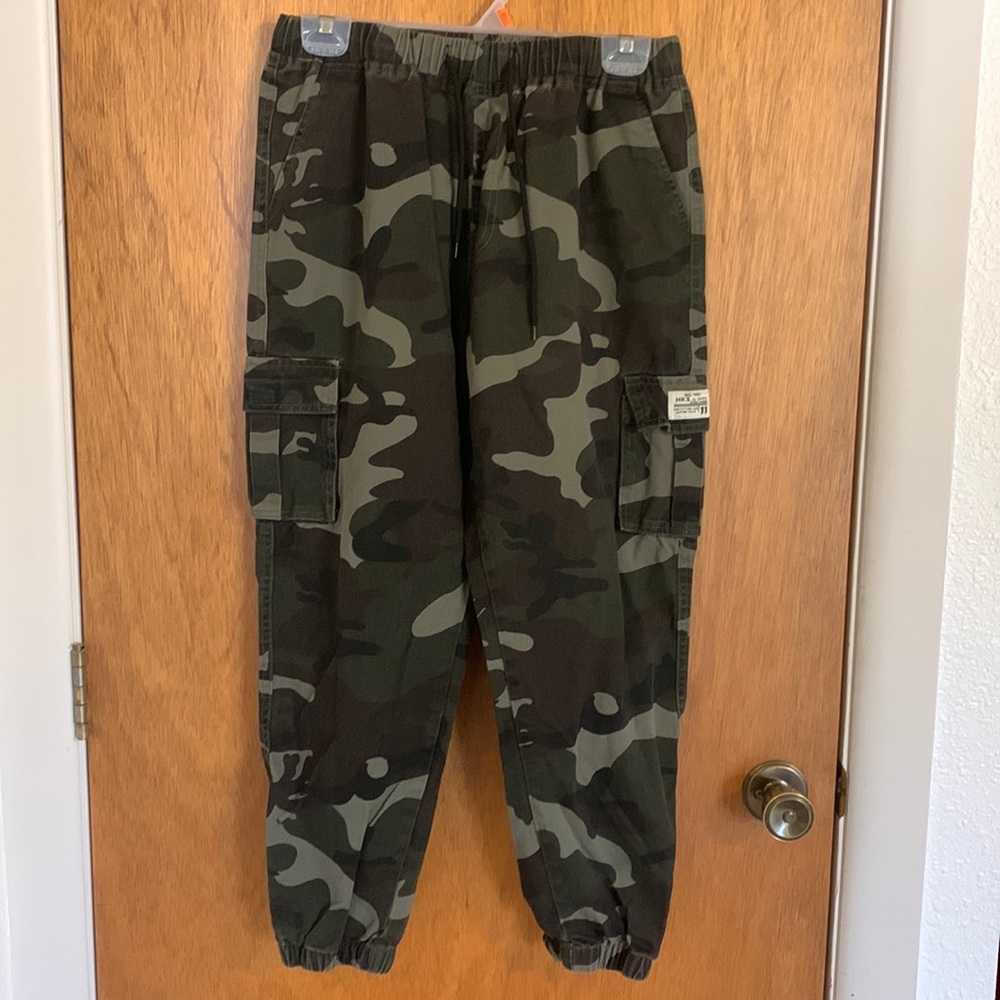 Shein camo pants with elastic at the ankles and the waist and a drawstring